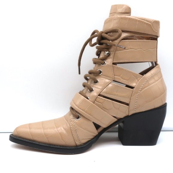 CHLOE RYLEE CUTOUT LACE-UP ANKLE BOOTS BEIGE CROC-EFFECT LEATHER SIZE 38.5 - Picture 7 of 12
